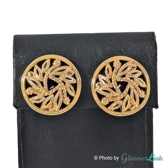 Trifari Jewelry - Vintage Trifari Round Textured Openwork Leaves Gold Tone Clip On Earrings
